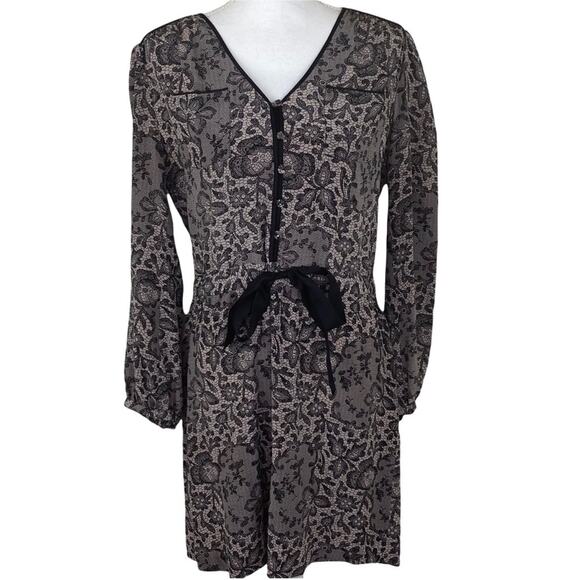 Rebecca Taylor Women's Long Sleeve Silk Floral Dress Gray Size 6 Tie Waist - Picture 1 of 8